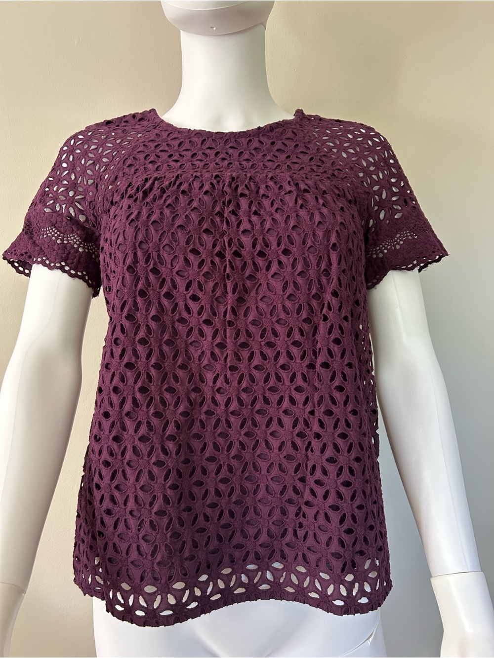J.Crew Purple Eyelet Lace Cotton Lined Short Sleeve Blouse Top Size 2